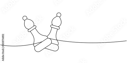 minimalist line art of two chess bishops crossing on a line, clean abstract black outline symbol of strategy