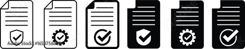 Verified document icons, shield checkmark, gear approval, circular check, black and white files, secure certification, vector symbols, approval badges