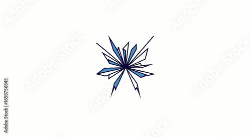 A blue and white geometric starburst illustration with sharp crystalline shards radiating from a dark blue center.