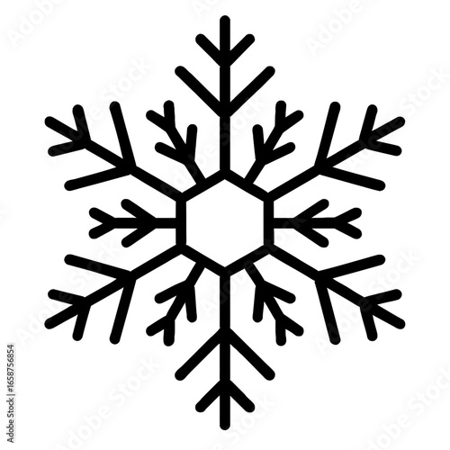 A simple vector illustration of a snowflake with a central hexagonal shape. A clean graphic for winter, weather, and holiday-themed designs.