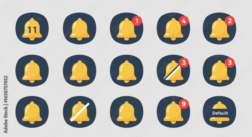 Fototapeta premium Vector illustration of a flat design notification bell icon set with alert counters and silent mode symbols.