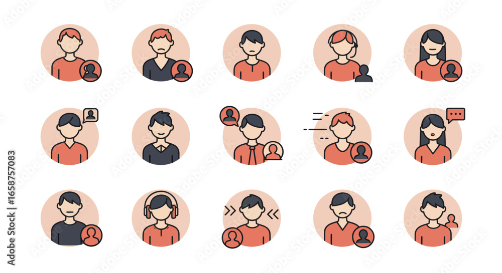 Obraz premium Set of colorful outline user avatar icons for social media, communication, and user management, showing various expressions and actions.