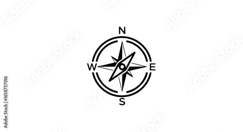 A minimalist black compass rose icon featuring a windrose star magnetic needle and cardinal directions within a circular frame.