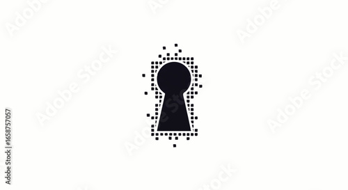 A minimalist black keyhole icon with a dissolving pixelated frame symbolizing digital security and access.