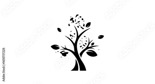 A stylized black tree silhouette with dynamic branches and unique fragmented crumbling leaves.
