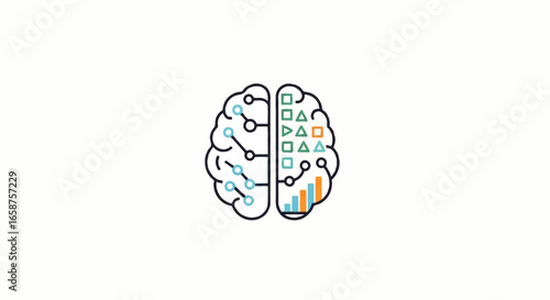 A split brain line icon with a logical neural network and an analytical data chart.