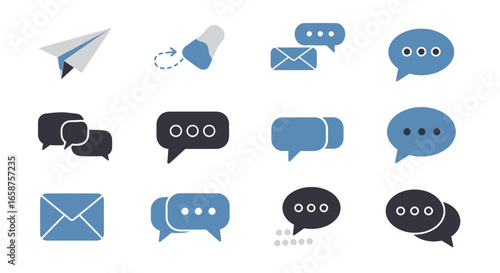 Set of flat communication icons in blue and black, including speech bubbles, mail envelopes, and a paper plane for messaging.