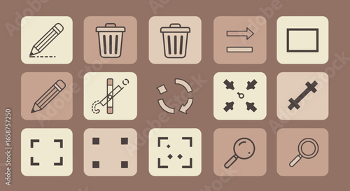 Minimalist line art icon collection for web and app design in a muted brown color palette.