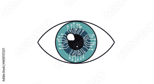 A stylized blue cybernetic eye with an intricate circuit board pattern on the iris.