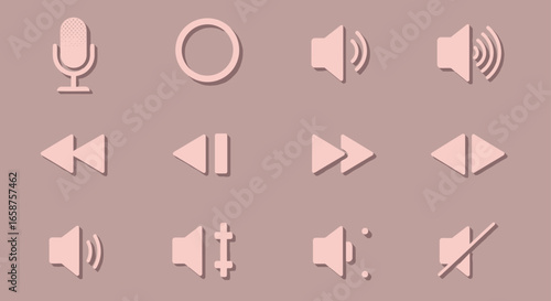A collection of pastel pink media player control icons with a subtle embossed effect.