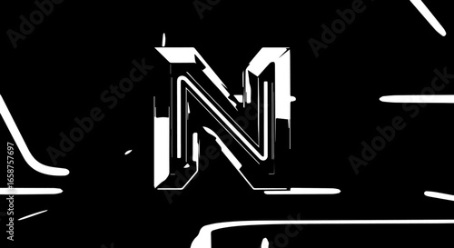 Abstract white 3D letter N with a distorted glitchy and smudged typographic style.