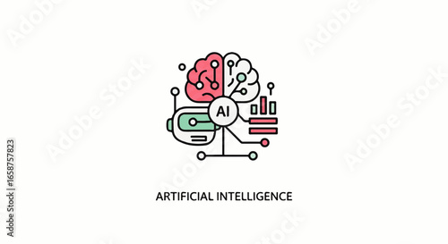 Artificial Intelligence concept icon with a split brain neural network and data chart.