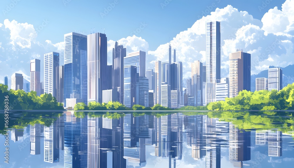 Fototapeta premium A city with a lake in the middle. The sky is blue and there are clouds
