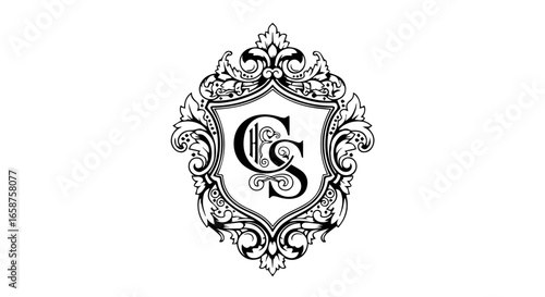 Black and white vintage monogram of letters C and S within a shield framed by ornate baroque scrollwork and acanthus leaves.