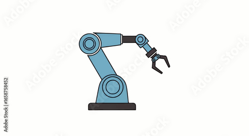 Blue articulated industrial robotic arm with a mechanical gripper claw cartoon style illustration.