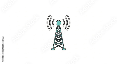 Blue cartoon communication tower with a lattice structure emitting radio wave signals.