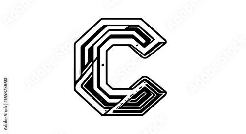 Bold angular letter C with a chiseled futuristic design and concentric black lines.