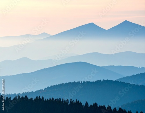A serene, minimalist landscape illustration featuring layers of blue-toned mountains fading into the distance. The foreground is filled with dark silhouettes of pine trees, while the sky transitions.