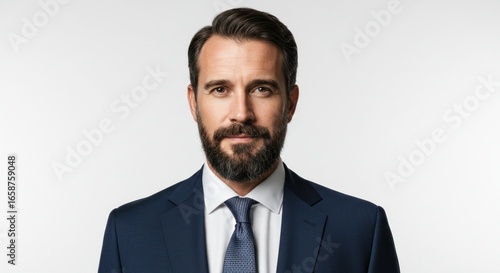Studio portrait of a man with a beard wearing a suit and tie