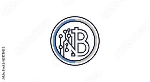 Circular Bitcoin logo icon with a digital circuit board design rendered in a modern minimalist line art style.