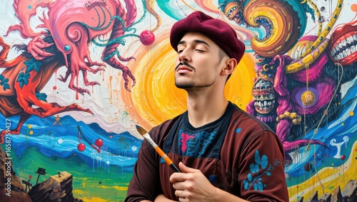 Artist with beret holding a paintbrush in front of a colorful surrealist painting with many details