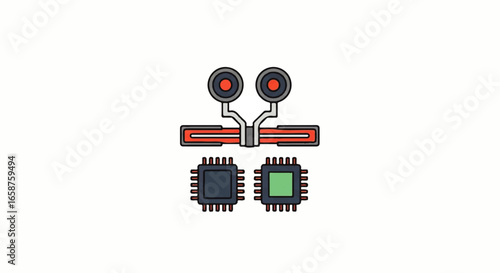Colorful cartoon illustration of computer hardware components including two microchips and a dualport connector.
