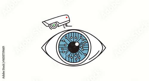 Conceptual illustration of a bionic eye with a blue circuit board iris watched by a security camera.