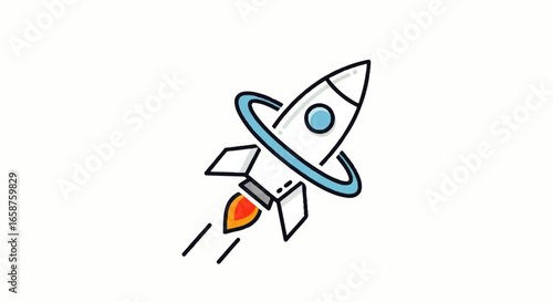 Cute cartoon rocket with a blue planetary ring launching with fiery exhaust Simple line art illustration.