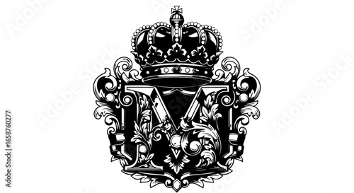 Elaborate heraldic crest with a crowned letter M featuring intricate baroque scrollwork and acanthus leaves.