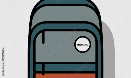 Modern backpack illustration with a 'nomad' badge highlighting travel and adventure gear for urban explorers and outdoor enthusiasts