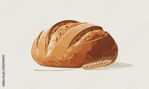 Freshly baked loaf of bread with a golden crust and wheat stalk, a perfect illustration for bakery themes, culinary arts, and healthy eating concepts