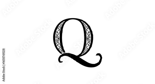 Elegant black capital letter Q with intricate internal patterns and a flowing calligraphic tail.