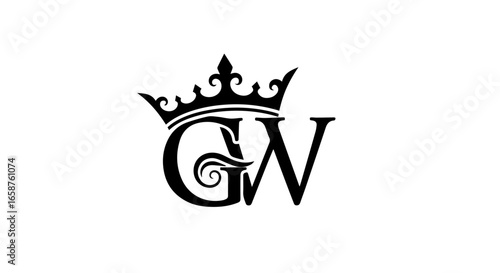 Elegant black GW letter monogram with a stylized royal crown a classic initial logo design.