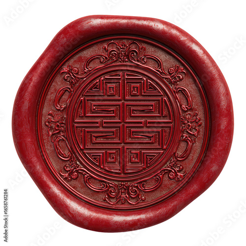 Red wax seal, ornate design.  Intricate, circular,  decorative seal.  Ornate border,  detailed design