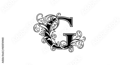 Elegant capital letter G with ornate swirling acanthus leaf filigree Black and white vintage initial monogram.