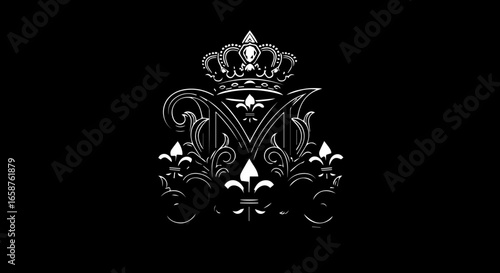 Elegant white calligraphic monogram M topped with a royal crown and adorned with fleurdelis symbols.
