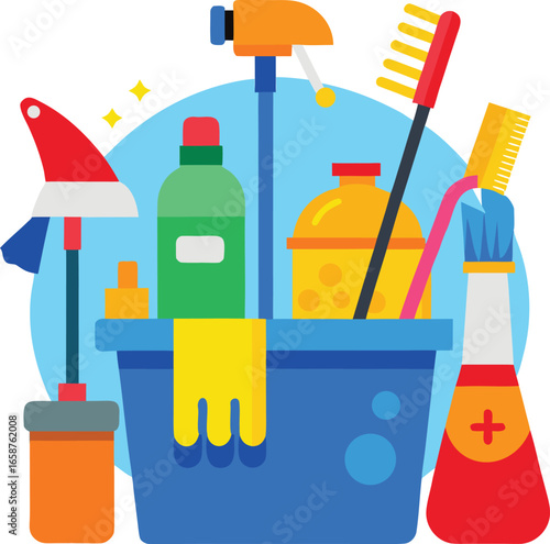 Collection of colorful cleaning supplies including bottles of detergent a mop a broom a brush and gloves organized in a blue bucket for household chores and sanitization
