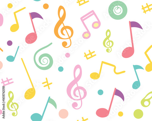 A vibrant and playful seamless pattern featuring a whimsical collection of colorful musical notes and treble clefs scattered across a clean white background perfect for creative projects