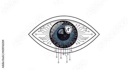 Futuristic cybernetic eye illustration with a circuit board iris and a security shield icon.