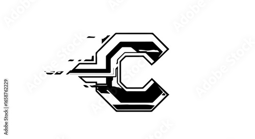 Futuristic black and white letter C with a stylized geometric design and a digital speed trail effect.