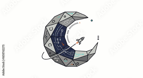 Futuristic lowpoly crescent moon with an integrated circuit board launching a small rocket.