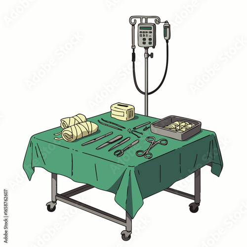 A sterile medical operating table holds essential surgical instruments, bandages, and an intravenous drip stand, ready for a vital medical procedure.