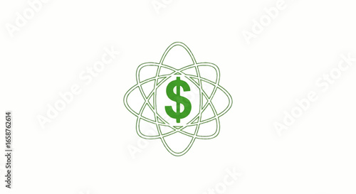 Green dollar sign icon centered within a scientific atomic symbol with intersecting orbits.