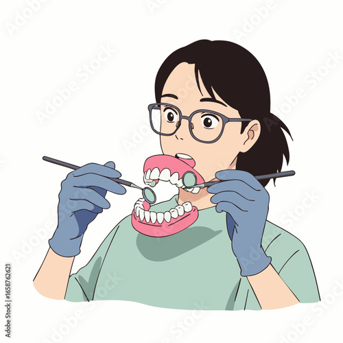 An animated female dentist meticulously examines a detailed dental model using specialized tools, illustrating professional oral hygiene and prosthetics.