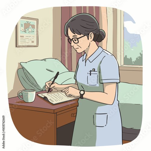 A compassionate senior Asian nurse diligently records patient information on a clipboard within a sunlit room, symbolizing professional healthcare and dedicated home care.