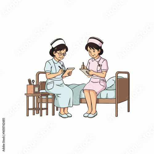 Two caring female nurses meticulously record patient details on clipboards, one seated by the bedside and the other on the bed, depicting essential healthcare documentation.