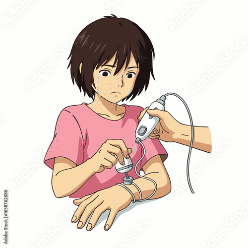 An animated person undergoes a medical diagnostic test on their arm, as a healthcare professional operates specialized equipment for precise monitoring.
