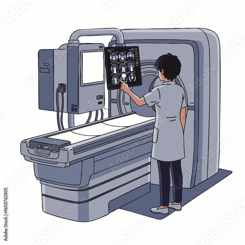 A dedicated medical professional reviews diagnostic imaging scans from an advanced CT or MRI machine, illustrating modern healthcare technology.