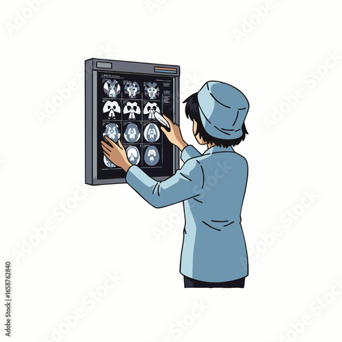 A dedicated medical professional meticulously examines detailed brain scans on a high-tech digital display, symbolizing advanced diagnostic imaging in modern healthcare.
