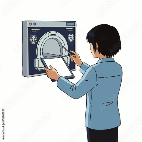 A dedicated healthcare professional expertly manages a sophisticated medical imaging system, utilizing a digital tablet for precise diagnostic analysis.